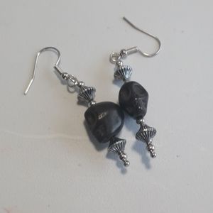 Handmade Black Skull Bead Earrings with Silver Accents